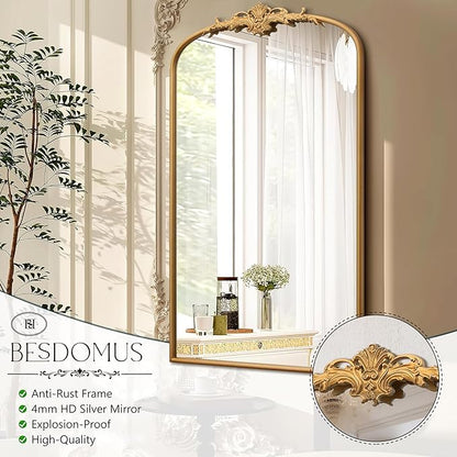 Besdomus Large Vintage Arched Mirror: 24"x42" French Arch Gleaming Gold Antique Wall Mounted Mirror - Traditional Ornate Home Decor for Entryway/Fireplace/Bathroom - Idea for Trendy Fashionistas