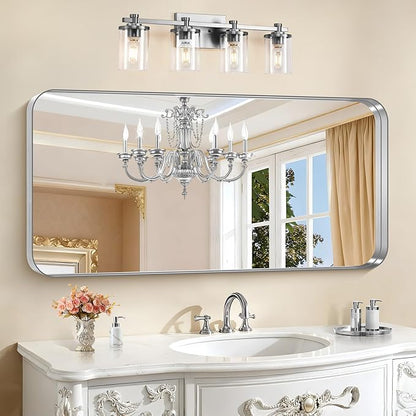 CIRCUMI Silver Bathroom Mirror, 24"x48" Rectangular Mirror with Deep Metal Frame, Rounded Corner, Tempered Glass, Large Mirror for Wall, Over 2 Sinks, Installed Vertically/Horizontally, Crystal-Clear