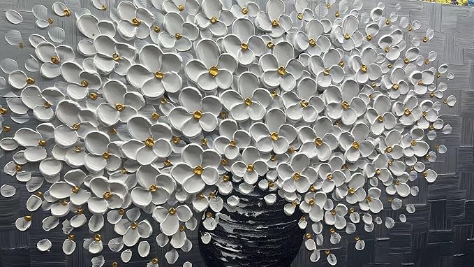 YaSheng Art - Oil Painting Wall Art hand painted White Floral Artwork 3D Thick Texture Black and White Floral Vase Canvas Wall Art Modern Abstract Art Home Bedroom, Dining Room, Living Room, Office Wall Decor 24x48inch