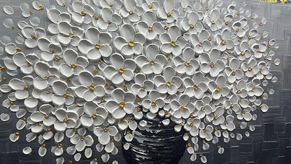 YaSheng Art - Oil Painting Wall Art hand painted White Floral Artwork 3D Thick Texture Black and White Floral Vase Canvas Wall Art Modern Abstract Art Home Bedroom, Dining Room, Living Room, Office Wall Decor 24x48inch