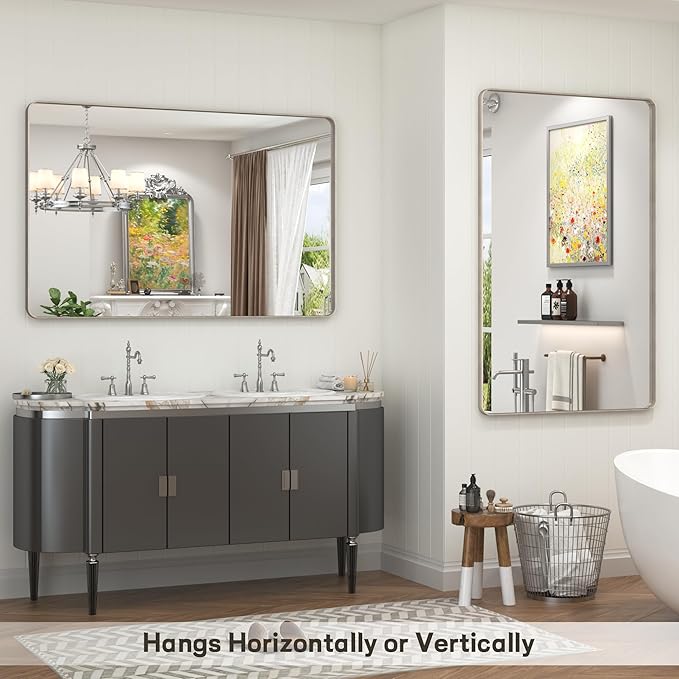 40x30 Inch Brushed Nickel Bathroom Mirror, Brushed Silver Metal Framed Wall Mirror, Rounded Corner Rectangle Modern Vanity Mirror, Tempered Glass, Anti-Rust, Shatterproof (Horizontal/Vertical)