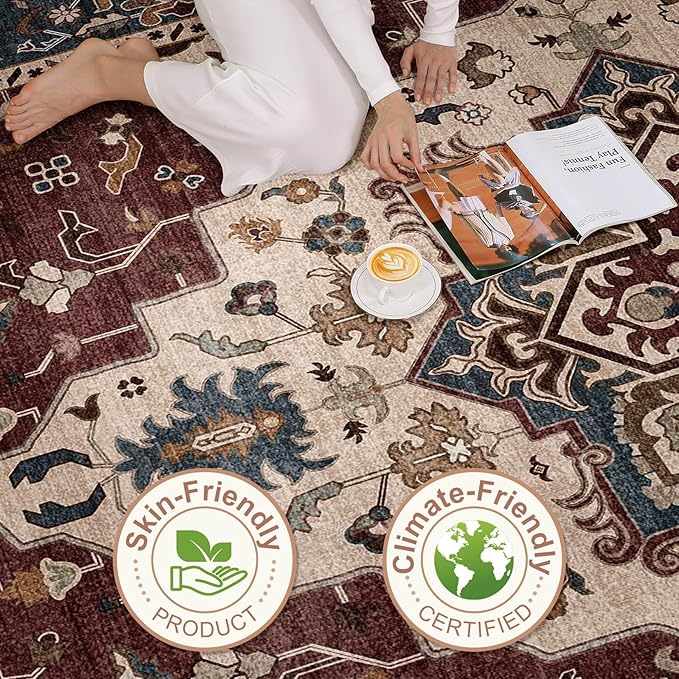 7x9 Area Rug Living Room: Washable Boho Large Neutral Vintage Soft Rug Stain Resistant Farmhouse Non-Slip Indoor Floor Retro Carpet for Bedroom Nursery Kids Office Dining Room- Burgundy