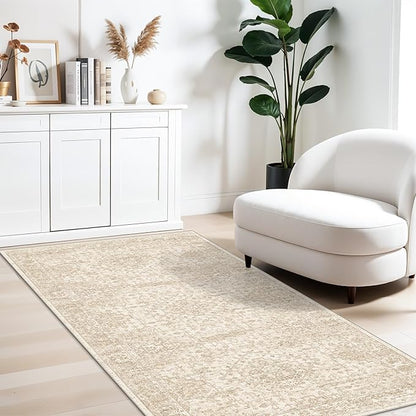 3x6 Washable Entryway Runner Rug – Non-Slip Wide Carpet Runner for Kitchen Hallway Bathroom, Neutral Vintage Distressed Low Pile Indoor Door Mat (Ivory Beige)