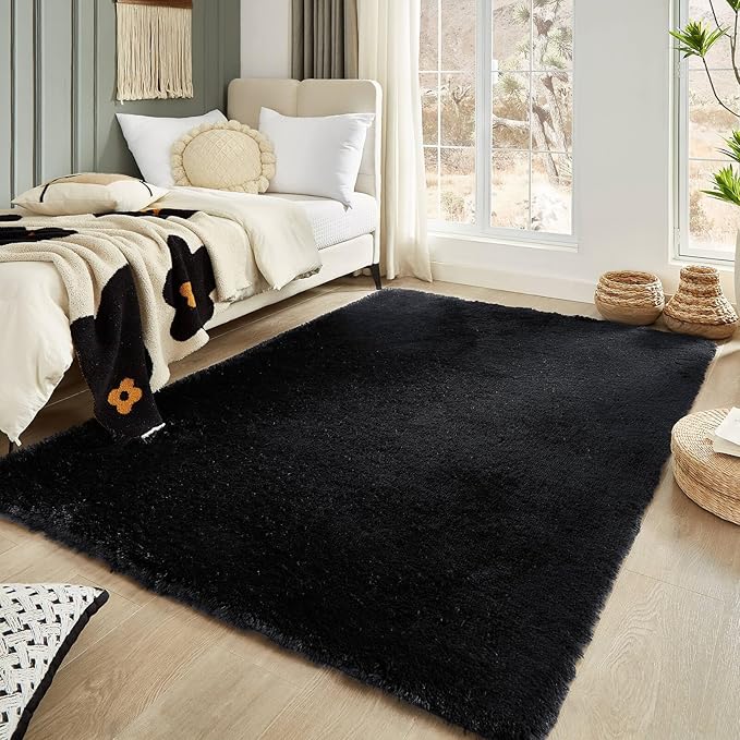 Floralux 5x7 Rug for Bedroom in Black, Ultra-Soft Fluffy Shag Area Rugs for Living Room, Modern Non-Slip Shaggy Floor Carpet for Teens Dorm, Bedside, Playroom, Nursery, Home Decor Aesthetic