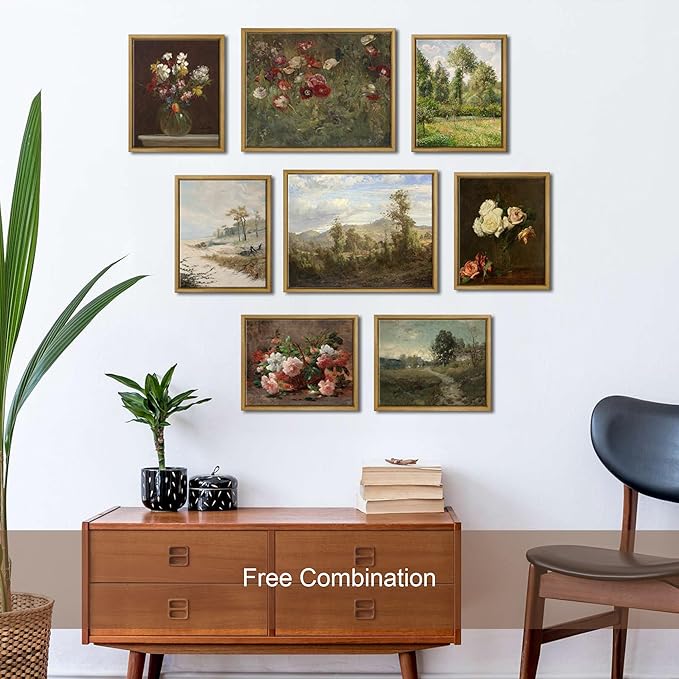 Pyradecor Vintage Retro Framed Wall Art A Basket with Roses Canvas Prints Classical Floral Painting Artwork for Kitchen Decor Farm House Office Decorations