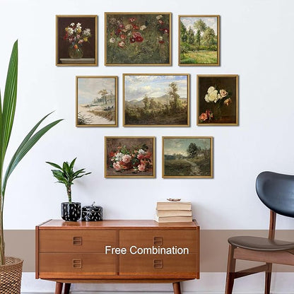 Pyradecor Vintage Retro Framed Wall Art A Basket with Roses Canvas Prints Classical Floral Painting Artwork for Kitchen Decor Farm House Office Decorations