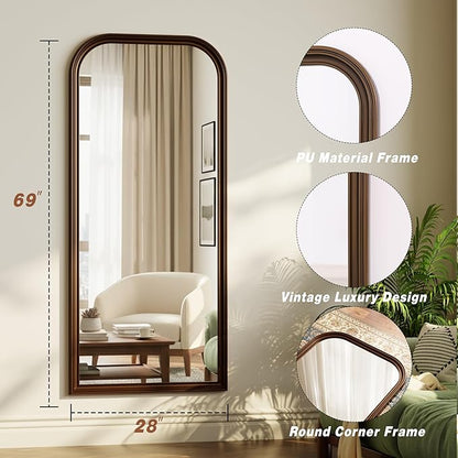 28"×69" Rounded Top Large Full Length Mirror, Arched Vintage Floor Stangding Body Mirror - PU Frame, Wall Mounted Hanging Leaning Antique Decor for Dressing Room, Entryway, Bedroom, Bronze