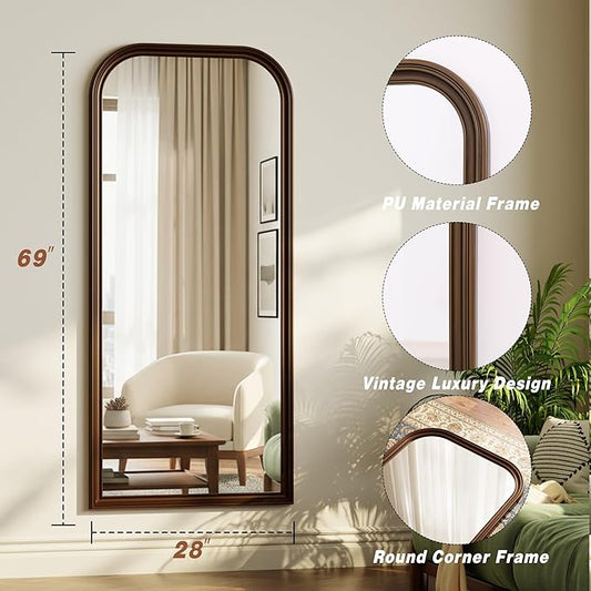 28"×69" Rounded Top Large Full Length Mirror, Arched Vintage Floor Stangding Body Mirror - PU Frame, Wall Mounted Hanging Leaning Antique Decor for Dressing Room, Entryway, Bedroom, Bronze