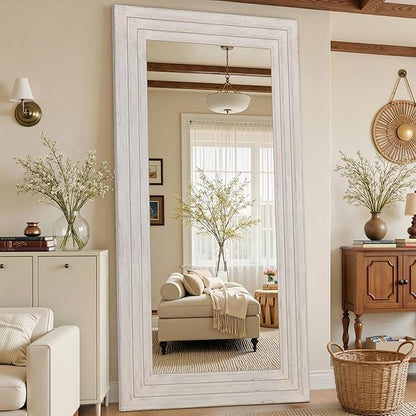 Antok Full Length Mirror with Solid Wood Frame, 81"×41" Wall Mounted Oversized Floor Mirror with Stand, Leaning Standing Hanging for Bedroom Living Room Entryway, White, Rect Style