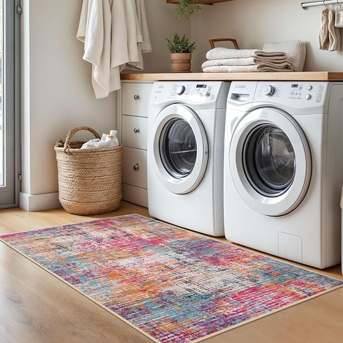KILOCOCO Abstract Area Rug 3x5 Entryway Rug Washable Kitchen Rugs Non Slip Soft Pinted Entrance Rugs Indoor Mat for Front Door Foyer Farmhouse Living Room Floor Carpet, Pink/Orange/Blue