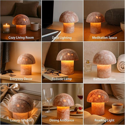 Marble Mushroom Table Lamp - Small Rechargeable USB-C Cordless Touch-Dimmable Night Light, Hand-Polished Natural Stone, 4.3"x4.7"