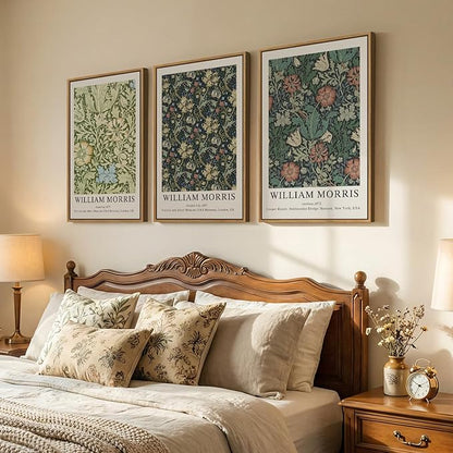 Large Framed William Morris Green Wall Art Set of 3, Vintage Floral Canvas Picture Paintings for Walls, Rustic Botanical Floral Artwork Prints for Living Room, Bedroom, Dining Room, Hallway, Office Wall Decor, Total Size 30x60 In