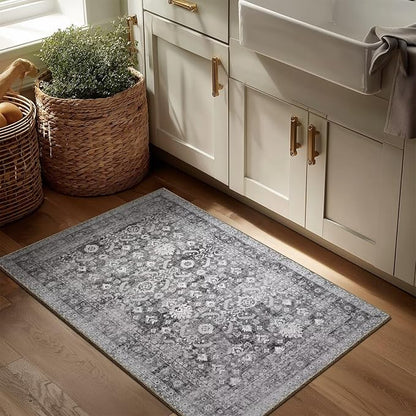 Washable 2x3 Entryway Rug, Boho Non-Slip Door Mat Vintage Distress Small Rugs for Kitchen Nursery Office Bedroom, 0.3" Neutral Oriental Throw Carpet with Cushioning Pad, Grey/Multi, C5