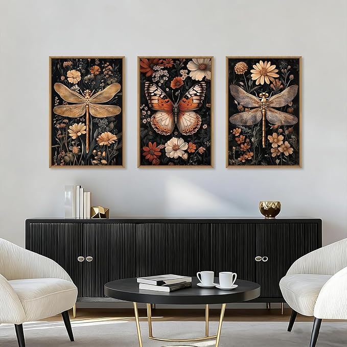 Aryroi Large Vintage Butterfly Dragonfly Framed Canvas Wall Art Set,Retro Dark Academia Animal Floral Botanical Wall Decor,Moody Insect Wildflower Artwork for Living Room,Bedroom,Farmhouse-24 x36 x3
