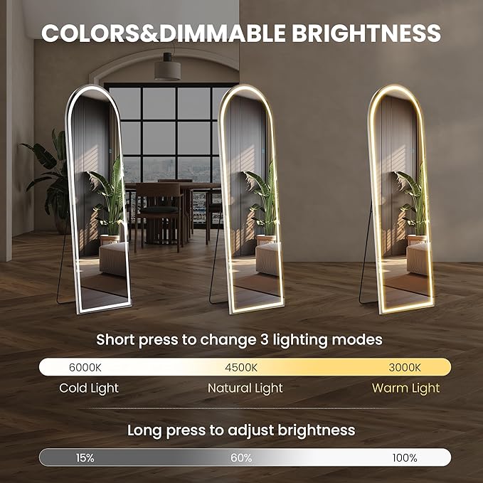 Sweetcrispy Arched LED Full Length Mirror with Stand, 60"x16" Lighted Floor Body Mirror with Dimming & 3 Color Lighting, Hanging or Leaning, Floor Standing for Bedroom, Dressing Room