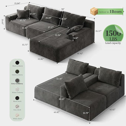 Homkdom Boneless Modular Sectional Couch, Cloud Couch L-Shaped Sofa with 61.5" Deep Seat & Right Facing Chaise – Deep Grey, 6 Configurations for Small Space Apartment, No Assembly
