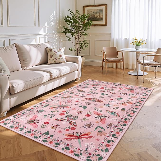 Lahome Insect Washable Small Area Rug, 3x5 Area Rug for Bedroom Living Room, Non-Slip Soft Accent Throw Carpet for Kitchen Office Entryway Bathroom Office Vionnet, Pink