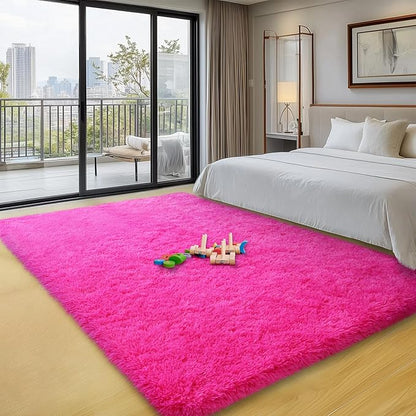 qulint Hot Pink Rugs for Bedroom Girls, 3x5 Area Rug Fluffy Shaggy Kids Rug Plush Shag Carpet for Living Room, Fuzzy Small Carpet for Nursery Solid Modern Alfombra Home Decor (3ft x 5ft, Hot Pink)