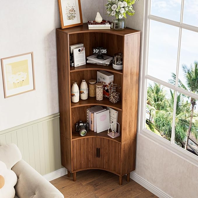 Lxsxlome Fluted Corner Cabinet, 66.928" Tall Corner Floor Cabinet with Sliding Doors and Shelves, Modern Wooden Freestanding Narrow Storage Organizer for Kitchen,Living Room (Walnut, 66.92" H)