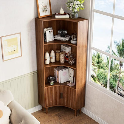 Lxsxlome Fluted Corner Cabinet, 66.928" Tall Corner Floor Cabinet with Sliding Doors and Shelves, Modern Wooden Freestanding Narrow Storage Organizer for Kitchen,Living Room (Walnut, 66.92" H)