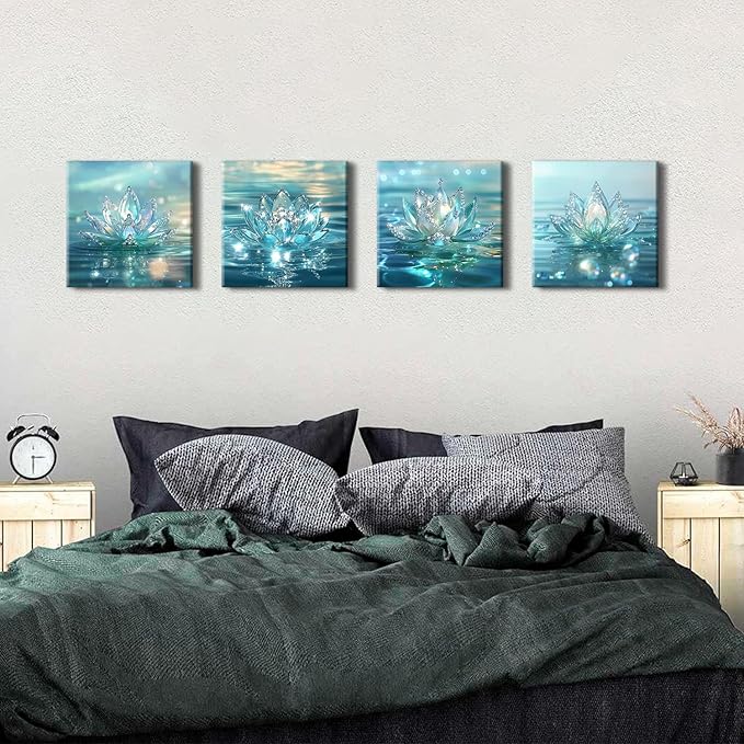 Lotus Flower Wall Art Teal Bathroom Wall Decor Zen Picture for Walls Canvas Prints Paintings Spiritual Meditation Wall Decor Turquoise Water Flowers Poster Yoga Room Artwork Decorations 12x12" 4Pcs
