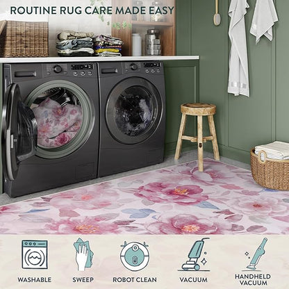 Lahome Floral 3x5 Area Rug for Bedroom, Non-Slip Entry Way Rugs Indoor Ulta-Thin Washable Stain Resistant Boho Throw Rugs for Bathroom Bedroom Vanity（3x5,Pink