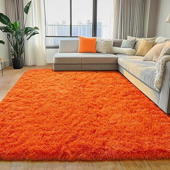 5x7 Area Rugs for Living Room, Orange Fluffy Shag Rug for Bedroom, Nursery and Indoor Floor, Soft and Comfy, Fuzzy Carpet for Kids, Girls, Boys Room Dorm Home Decor Aesthetic, Upgrade Non Slip