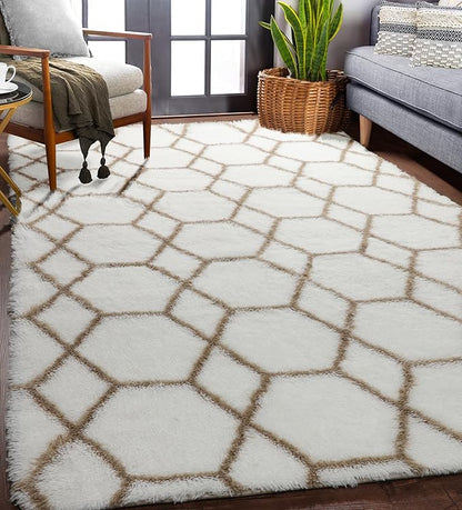 ONASAR Rugs for Living Room Bedroom, 5x8 Fluffy White and Beige Area Rug, Geometric Boho Soft Plush Shaggy Floor Carpet Mat for Nursery Kids Girls Boys Teen Dorm Home Decor Aesthetic