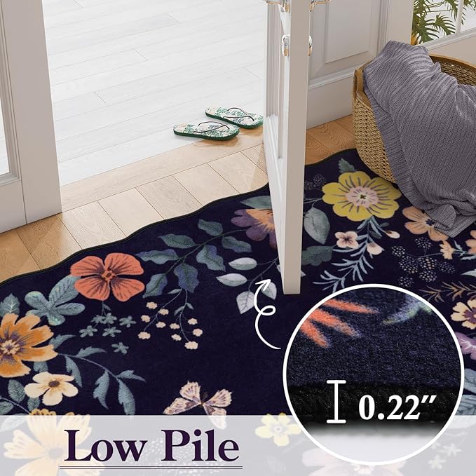 Lahome Floral Washable Rugs for Bedroom, 4X6 Area Rug Ultra-Thin Soft Living Room Rug, Non-Slip Classroom Rug Stain Resistant Boho Low-Pile Throw Carpet for ‎Office Flore (4x6ft,Purple)