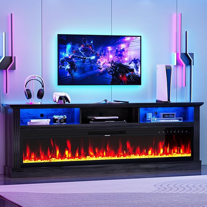 58" Fireplace TV Stand, TV Stand with 52" Fireplace, LED Light Entertainment Center with Storage Cabinets, Modern Media TV Console TV Table for Living Room, Black