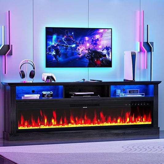 58" Fireplace TV Stand, TV Stand with 52" Fireplace, LED Light Entertainment Center with Storage Cabinets, Modern Media TV Console TV Table for Living Room, Black