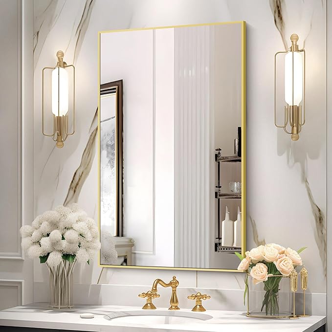 COFENY Gold Bathroom Mirror for Wall, 30x48 Inch Rectangle Mirrors with Metal Frame, Modern Vanity Wall Mirror Decor for Bathroom Living Room, Entryway Hangs Horizontal or Vertical