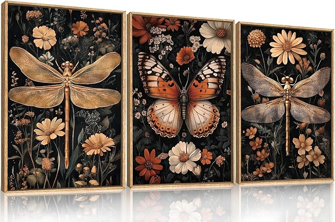 Aryroi Large Vintage Butterfly Dragonfly Framed Canvas Wall Art Set,Retro Dark Academia Animal Floral Botanical Wall Decor,Moody Insect Wildflower Artwork for Living Room,Bedroom,Farmhouse-16 x24 x3