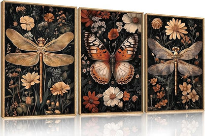 Aryroi Large Vintage Butterfly Dragonfly Framed Canvas Wall Art Set,Retro Dark Academia Animal Floral Botanical Wall Decor,Moody Insect Wildflower Artwork for Living Room,Bedroom,Farmhouse-24 x36 x3