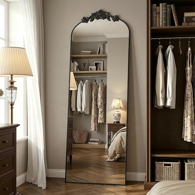 Antok Arched Full Length Mirror, 64"x21" Floor Mirror with Carved, Full Body Mirrors for HomeDecor, Standing/Halling Large Wall Mirror for Bedroom, Living Room, Cloakroom, Black, Vintage Style