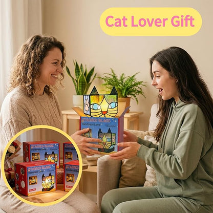 Stained Glass Cat Lamp, Tiffany Style Table Lamp with 24H Cycle Timer, Small Table Lamp with Dimmable Timing Function, Cat Gifts for Women,Cat Lovers,Cat Remembrance Gifts