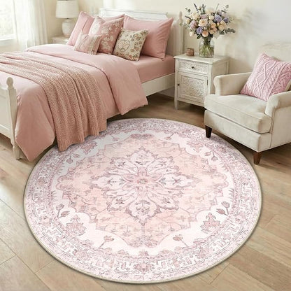 RELEANY Area Rugs Round 5ft Washable Non-Slip, Floral Vintage Distress Print Pattern Medallion Carpet for Living Room Bedroom Dining Room, Pink Greypink Cute