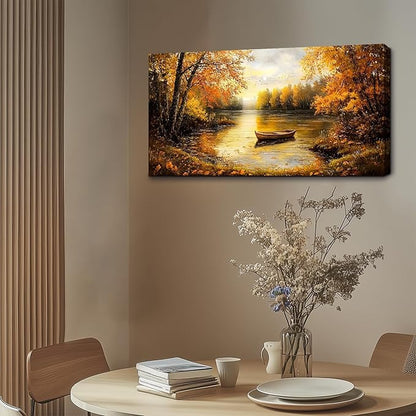 SERIMINO Fall Wall Art, Landscape Wall Art, Large Wall Decor, Lake Boat Forest Canvas Art Prints, Gold Autumn Nature Pictures, Rustic Paintings for Living Room Bedroom Dining Room Office Farmhouse 29"X57"