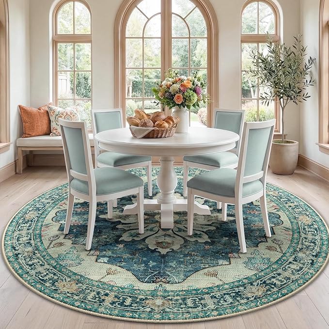 RELEANY Area Rugs Round 7ft Washable Non-Slip, Floral Vintage Distress Print Pattern Medallion Carpet for Living Room Bedroom Dining Room, Dark Blue Vintage