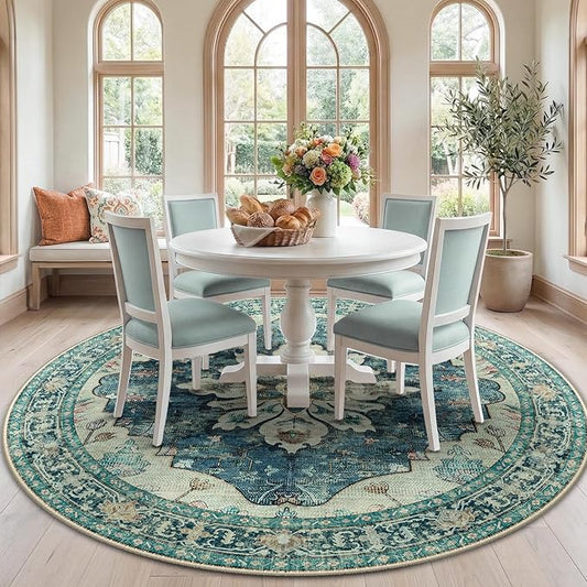 RELEANY Area Rugs Round 7ft Washable Non-Slip, Floral Vintage Distress Print Pattern Medallion Carpet for Living Room Bedroom Dining Room, Dark Blue Vintage