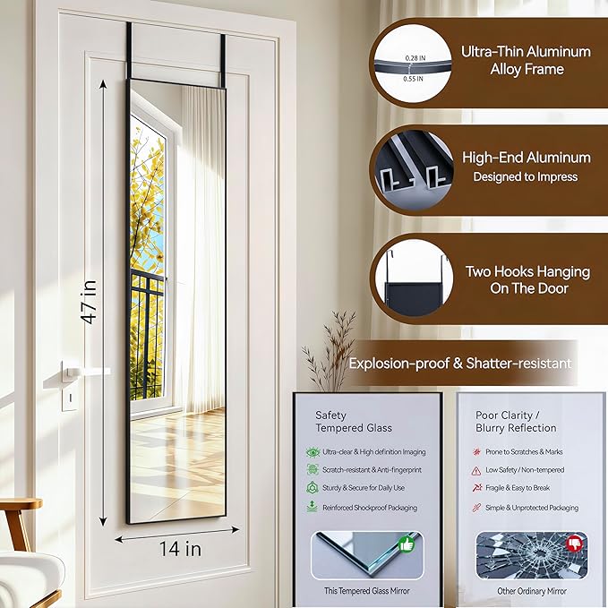 NARCISSUS 47x14 Mirror Door Hanging Full Length,Over Door or Wall Mounted Aluminum Alloy Frame Tempered Glass Rectangle Full Body Mirrors for Bedroom Dressing Living Room Bathroom 47 inch Black