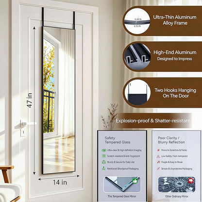 NARCISSUS 47x14 Mirror Door Hanging Full Length,Over Door or Wall Mounted Aluminum Alloy Frame Tempered Glass Rectangle Full Body Mirrors for Bedroom Dressing Living Room Bathroom 47 inch Black