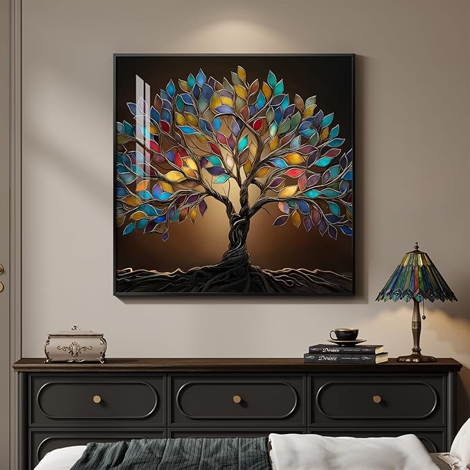 Framed Square Tree of Life Wall Art, Modern Contemporary Tree Painting Prints Artwork for Walls, Dark Colorful Elegant Picture for Living Room Bedroom Kitchen Office Dining Room Wall Decor, 30x30 In