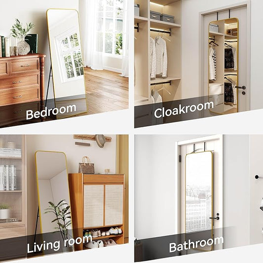 SCWF-GZ 57x20 Door Hanging Full Length Mirror, Floor Stand (Height 5.7ft just Body in1.3ft) Wall Mounted Metal Frame Rectangle Dressing Mirrors for Bedroom Room 57 inch Gold