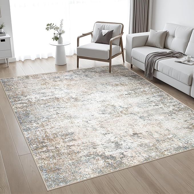 6x6 Area Rug Living Room Rug: Washable Modern Abstract Soft Thin Rug Indoor Floor No Slip Stain Resistant Carpet for Bedroom Dining Room Farmhouse Nursery Home Office - Brown Grey