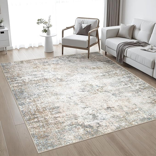 6x6 Area Rug Living Room Rug: Washable Modern Abstract Soft Thin Rug Indoor Floor No Slip Stain Resistant Carpet for Bedroom Dining Room Farmhouse Nursery Home Office - Brown Grey