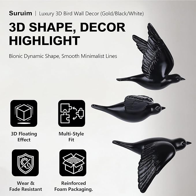 suruim Bird Wall Sculptures Set of 3-3D Wall Art Decor for Living Room, Home Decor Modern GoldEN Wall Decor & Bird Gallery Wall Art (Black)