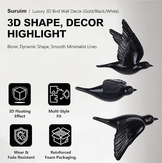 suruim Bird Wall Sculptures Set of 3-3D Wall Art Decor for Living Room, Home Decor Modern GoldEN Wall Decor & Bird Gallery Wall Art (Black)