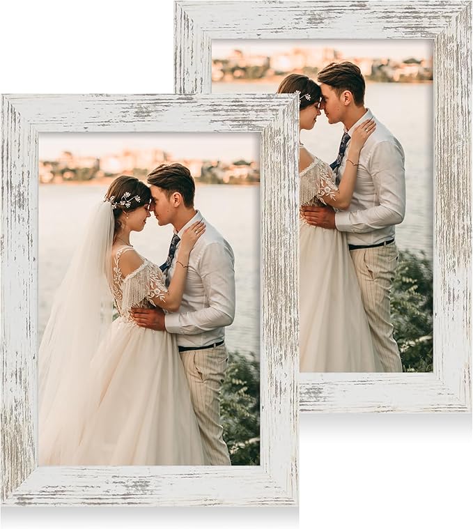 iRahmen 6x9 Picture Frame Set of 2, Distressed White Frame with HD Glass, Wood Rustic Photo Frames for Horizontal or Vertical Tabletop and Wall Mounting