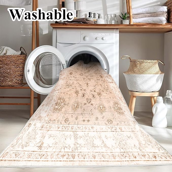 CHAMPLANT Area Rug 8x10 Washable Rug Tangerine Vintage Traditional Mat Distressed Indoor Foldable Thin Retro Accent Floral Print Rug Non Slip Carpet Living Room Dining Room Office